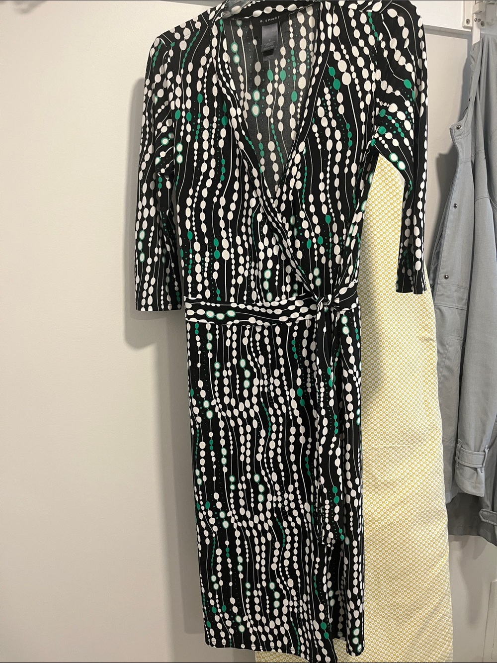 B. Smart Black Wrap Midi Dress with White Dot & Green Detail